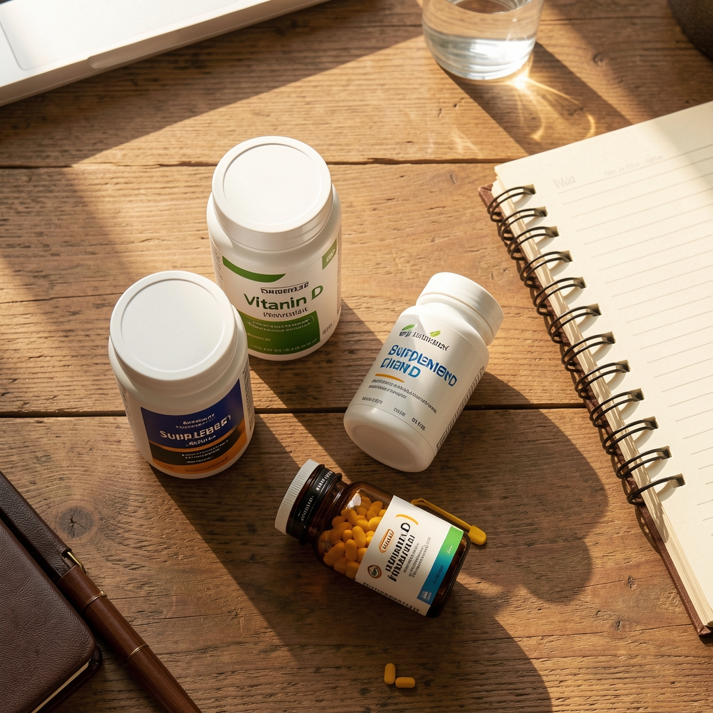 Supplement containers and a vitamin D bottle arranged on a wooden desk with a notebook in natural morning light, editorial overhead composition