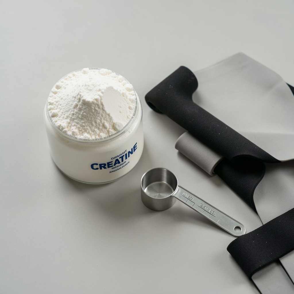 Creatine powder and measuring scoop beside resistance bands on a clean neutral surface, editorial flat lay composition with natural light