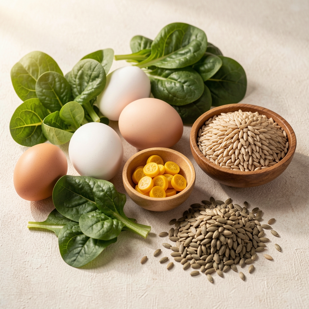 Assortment of B vitamin-rich foods including eggs, leafy greens, whole grains, and seeds arranged on a pale textured surface