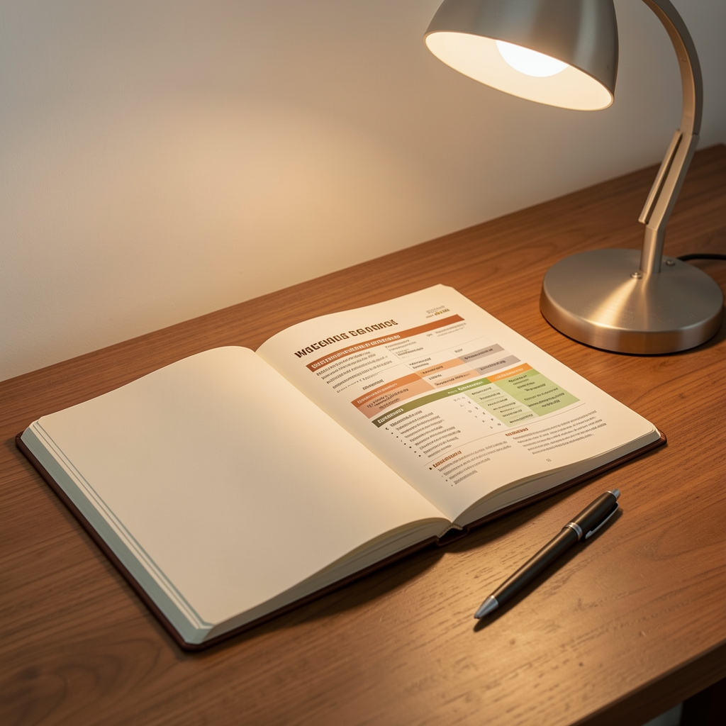 Editorial desk with open notebook, printed nutritional research pages, and a pen under warm desk lamp light